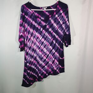 Tie Dye Tunic Top Women's Purple Pink Asymmetrical Hem 3/4 Sleeve Casual Shirt